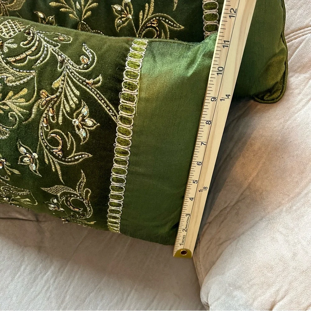 Pier 1 Green Velvet and Satin Like Sequin and Beaded Pillow Set